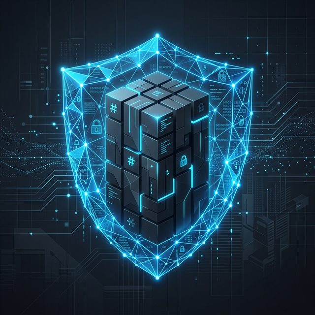 Escudo criptográfico poligonal protegiendo bloques inmutables – Desarrollo de Landing Pages estáticas y seguras