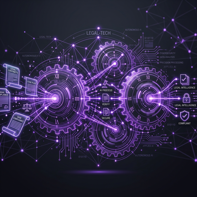 Red neuronal de nodos luminosos conectados como engranajes procesando documentos legales – Agentes Autónomos, IA aplicada y Legal-Tech